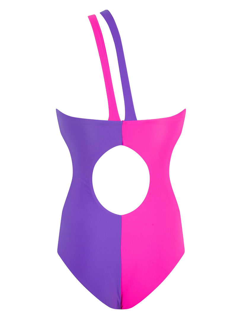 back of HALO Portinax Swimsuit In Pink & Purple Indigo Mix on white background