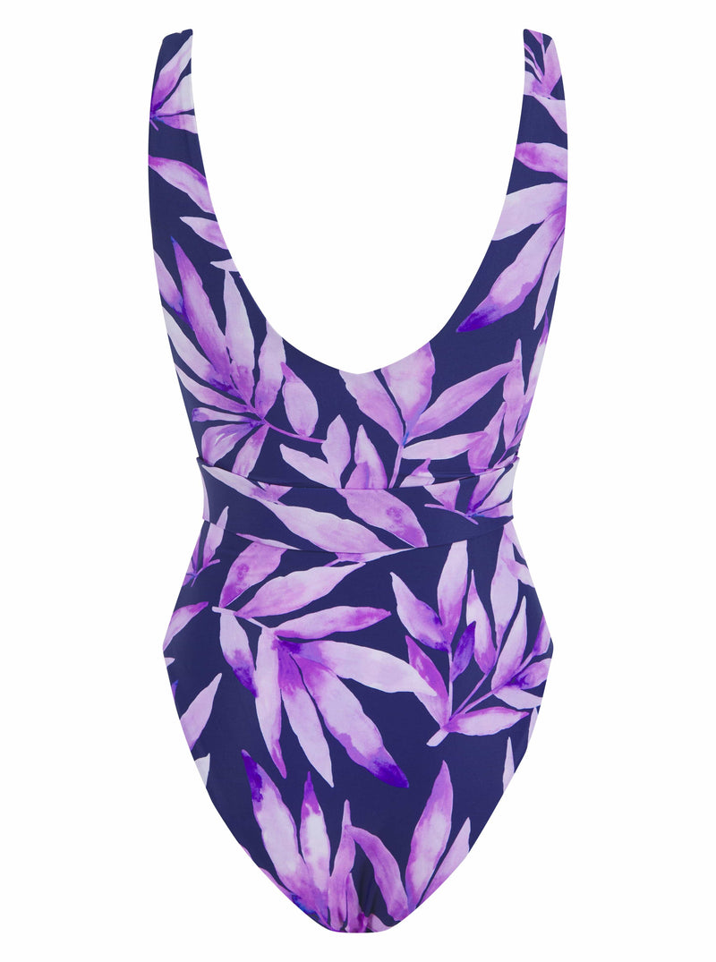back of HALO Sa Caleta Swimsuit In Watercolour Purple Leaf on white background
