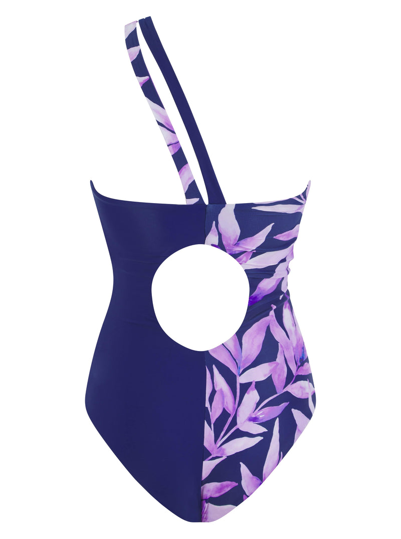 back view of HALO Portinax Swimsuit In Watercolour Purple Leaf & Navy on white background