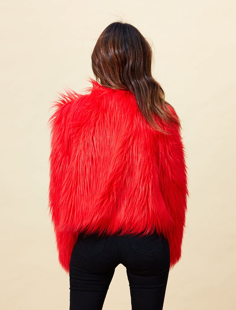 Model facing backwards wearing a red Dancing Leopard faux fur jacket.