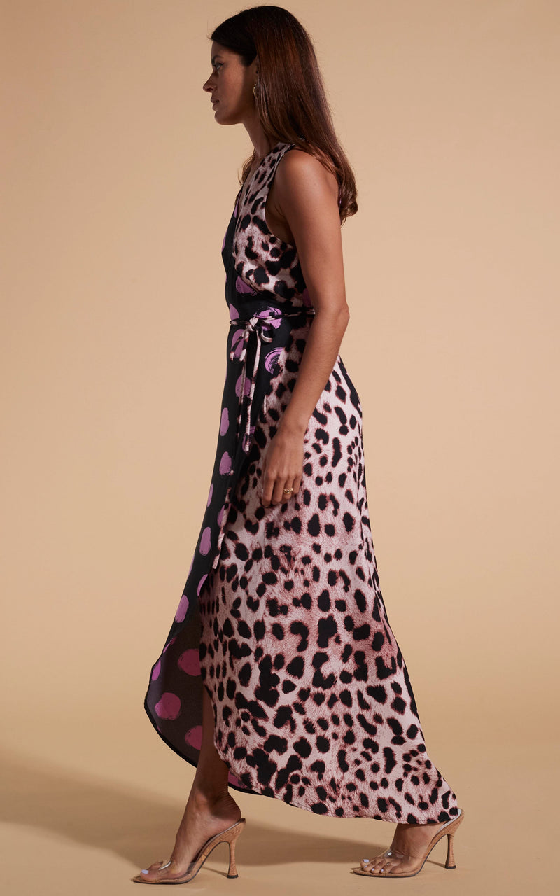 Kyla Dress In Pink On Black Dot Blush Leopard Dancing Leopard