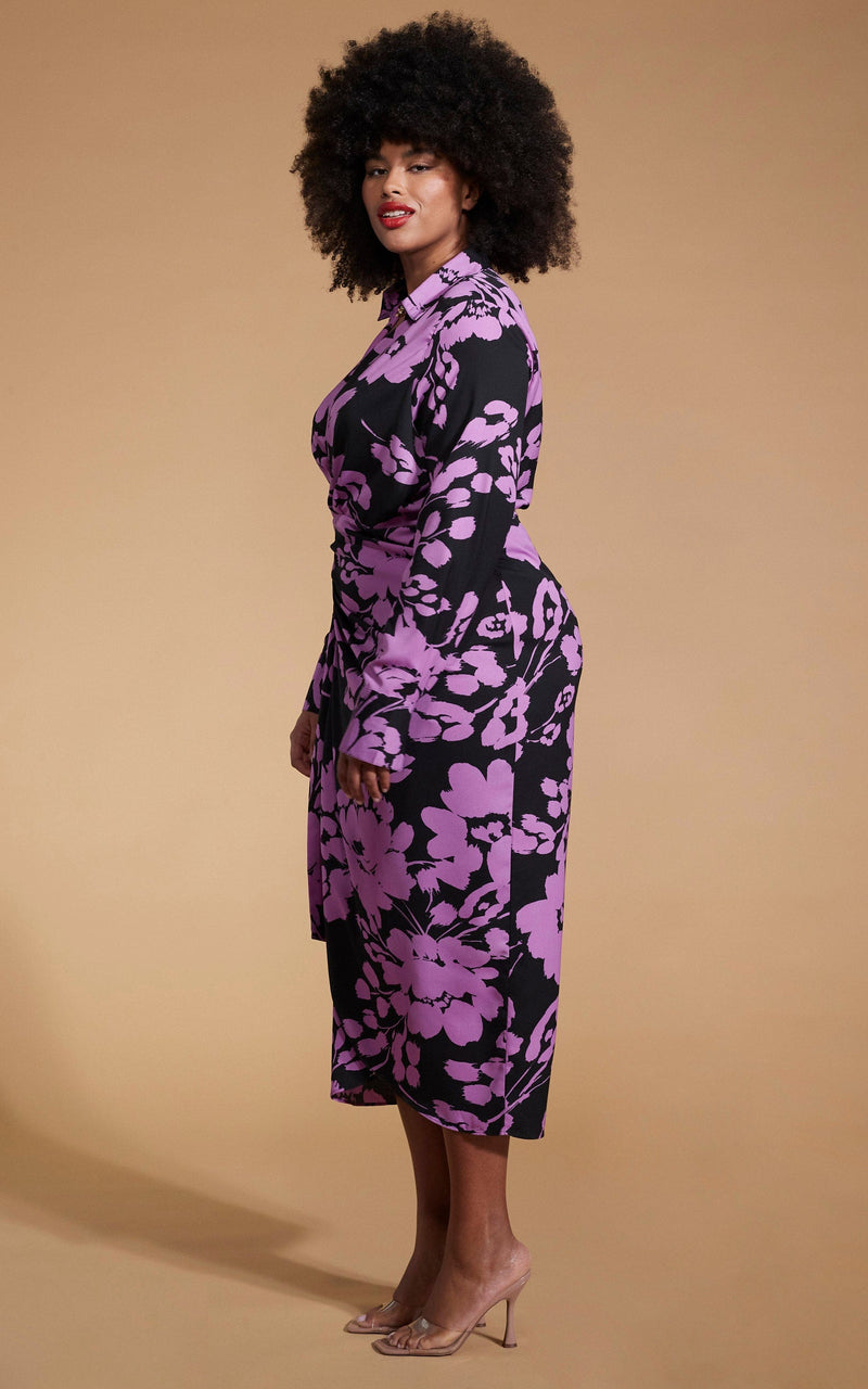 Frankie Wrap Dress In Lilac On Black Floral - Extended Sizing