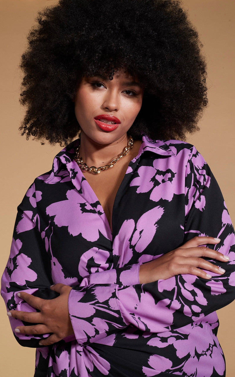 Frankie Wrap Dress In Lilac On Black Floral - Extended Sizing