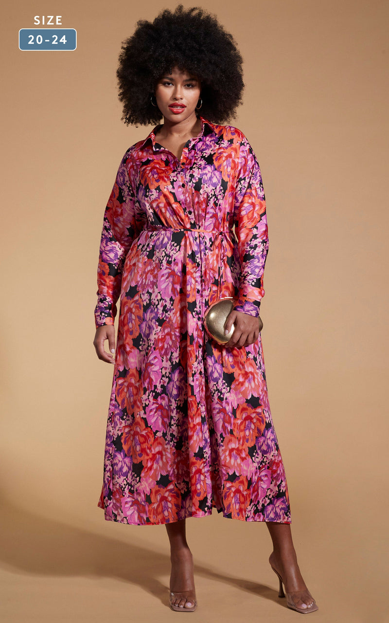 Paris Shirt Dress In Red & Lilac Floral - Extended Sizing