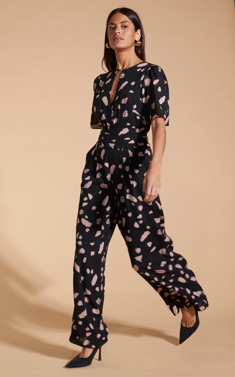 Silva Jumpsuit In Abstract Dot Sand On Black