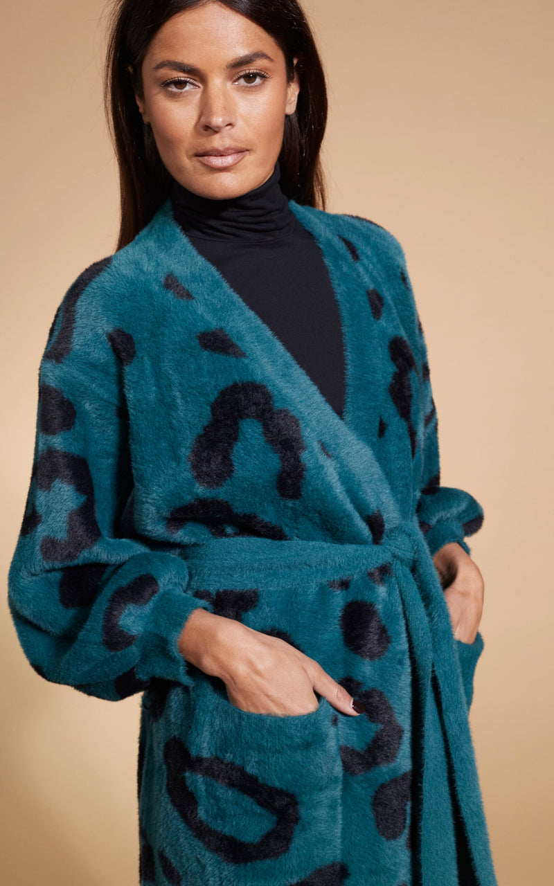 Coco Wrap Cardigan In Black On Forest Green Leopard Dancing Leopard