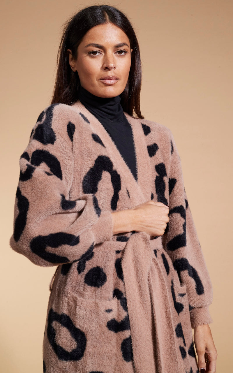 Coco Wrap Cardigan In Black On Mocha Leopard