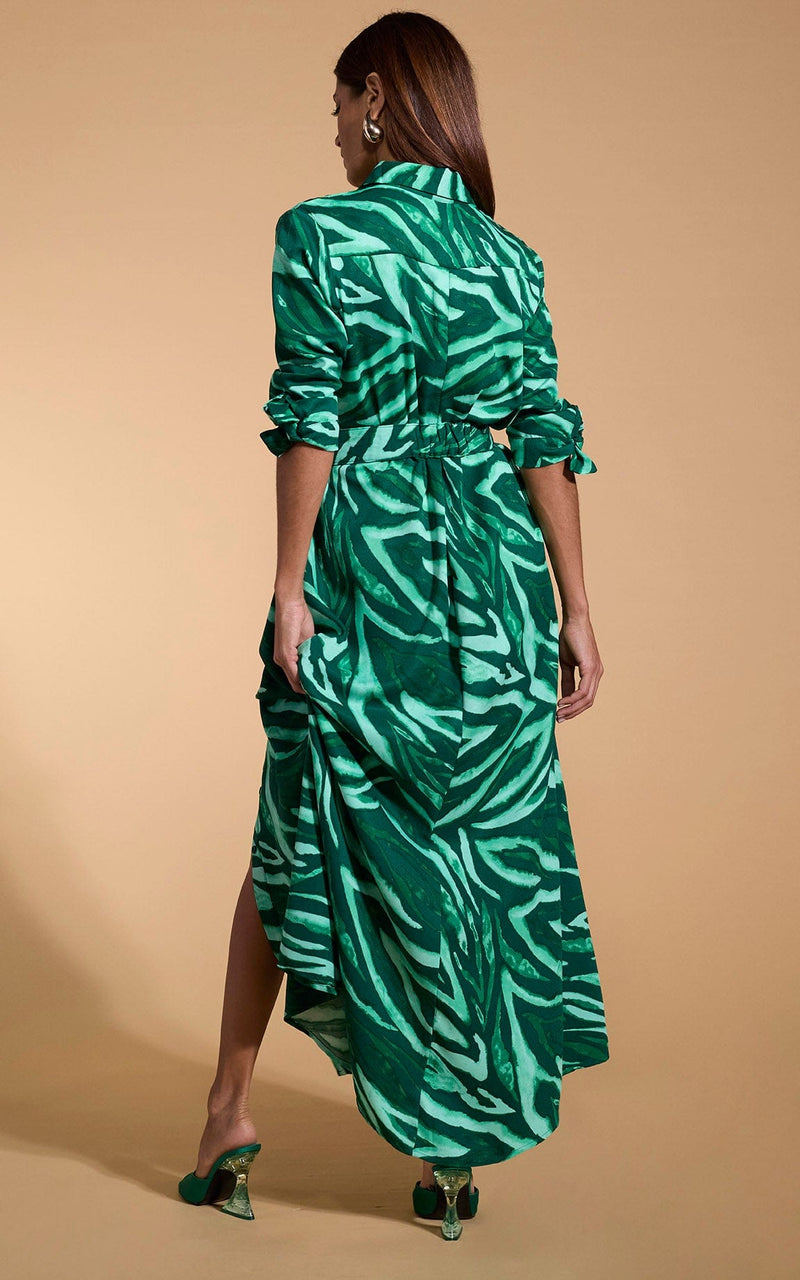 Dove Dress In Green Painted Zebra Dancing Leopard