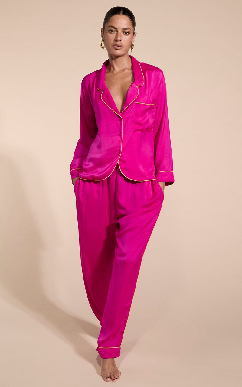 Cosmos Satin Long Leg PJ Set in Magenta Pink