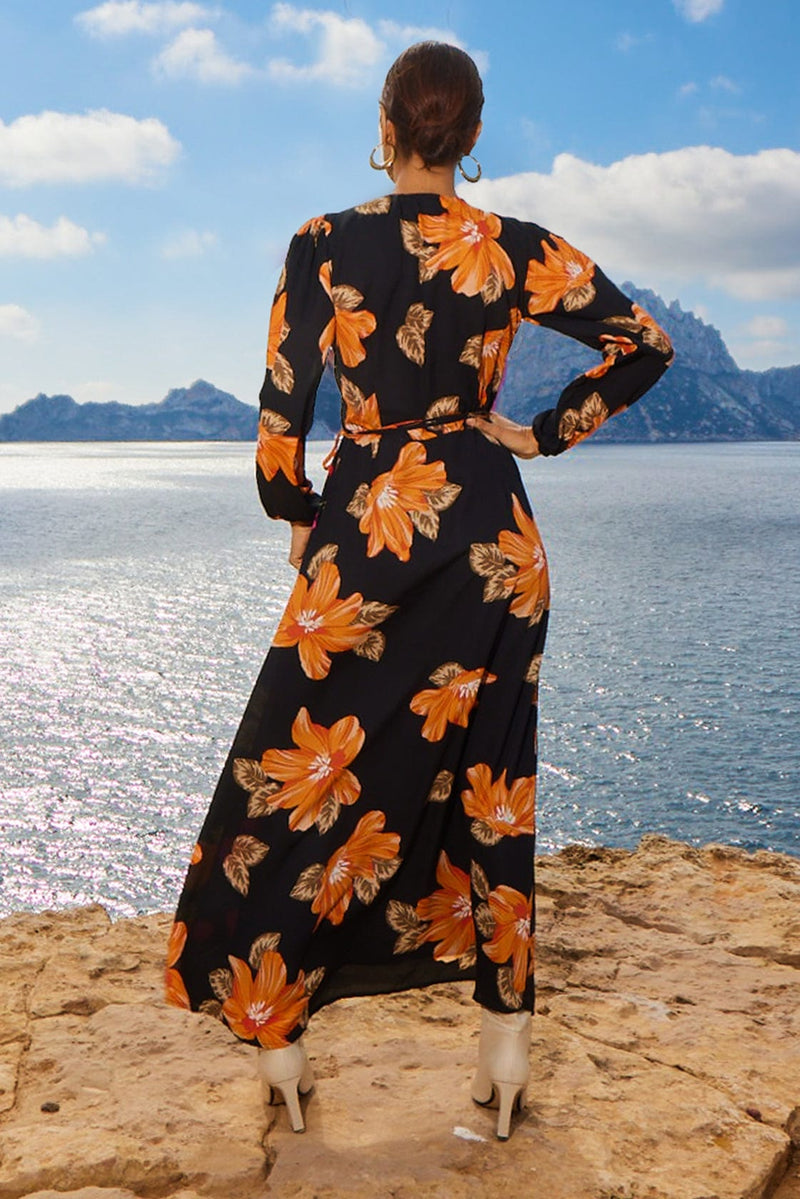 Jagger Maxi Wrap Dress in 70s Orange Floral Mix