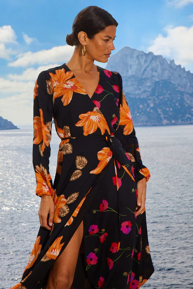 Jagger Maxi Wrap Dress in 70s Orange Floral Mix Dancing Leopard