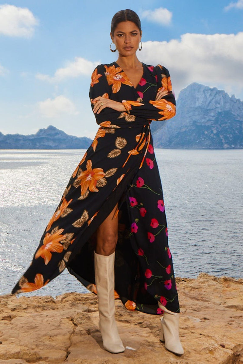 Jagger Maxi Wrap Dress in 70s Orange Floral Mix