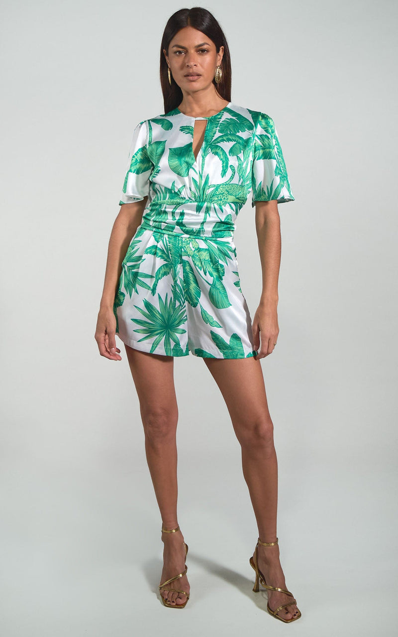 Fleur Playsuit In White Jungle Palm