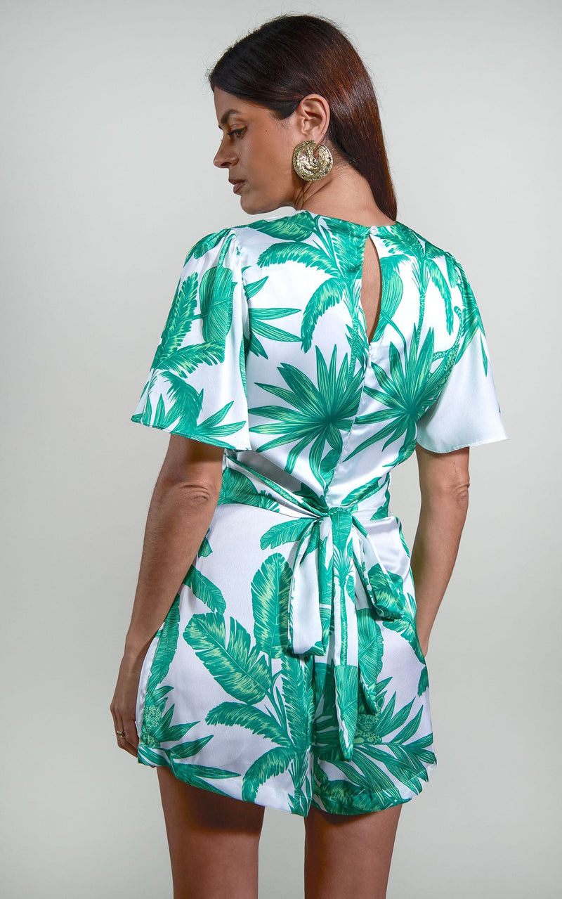Fleur Playsuit In White Jungle Palm