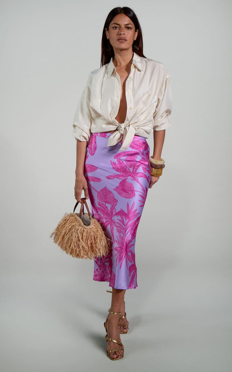 Renzo Midi Slip Skirt in Lilac Jungle Palm