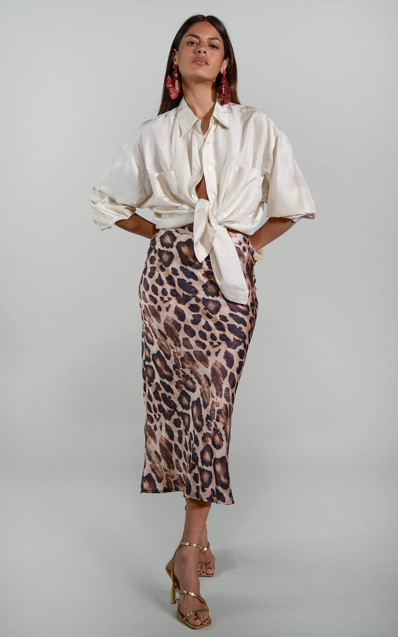Renzo Midi Slip Skirt in Snake Leopard