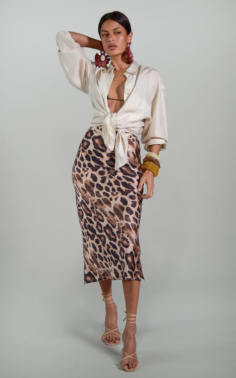 Renzo Midi Slip Skirt in Snake Leopard