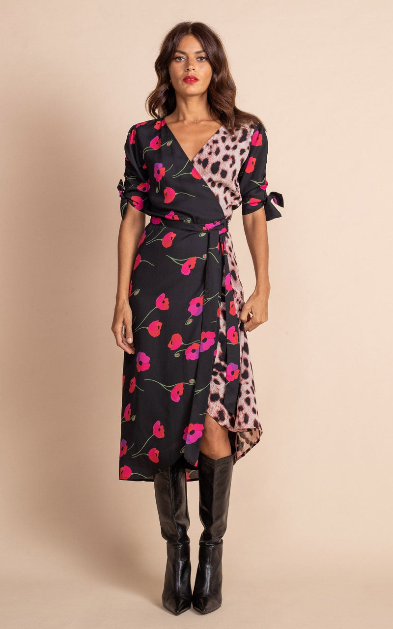 Dancing Leopard model wearing Olivera Midi Wrap Dress in Poppies on Black Mix