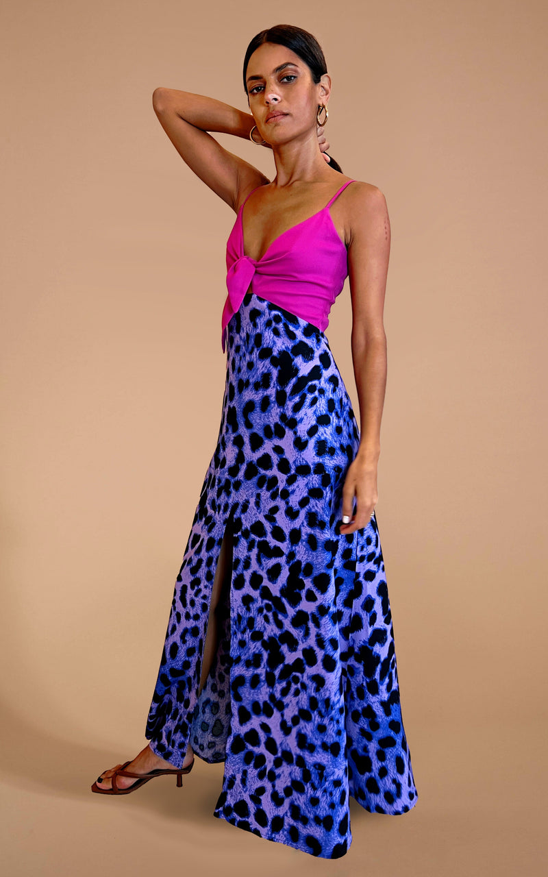 Florence Dress In Magenta and Lilac Leopard Mix