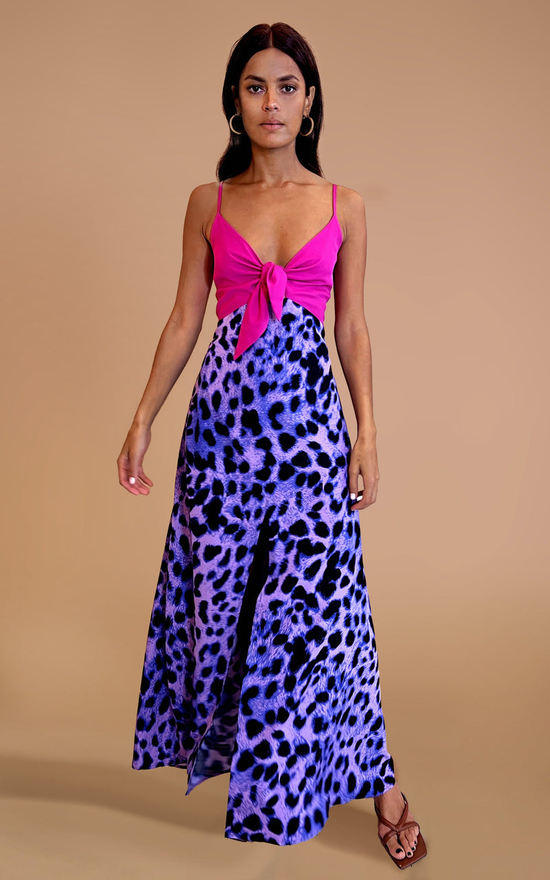 Florence Dress In Magenta and Lilac Leopard Mix