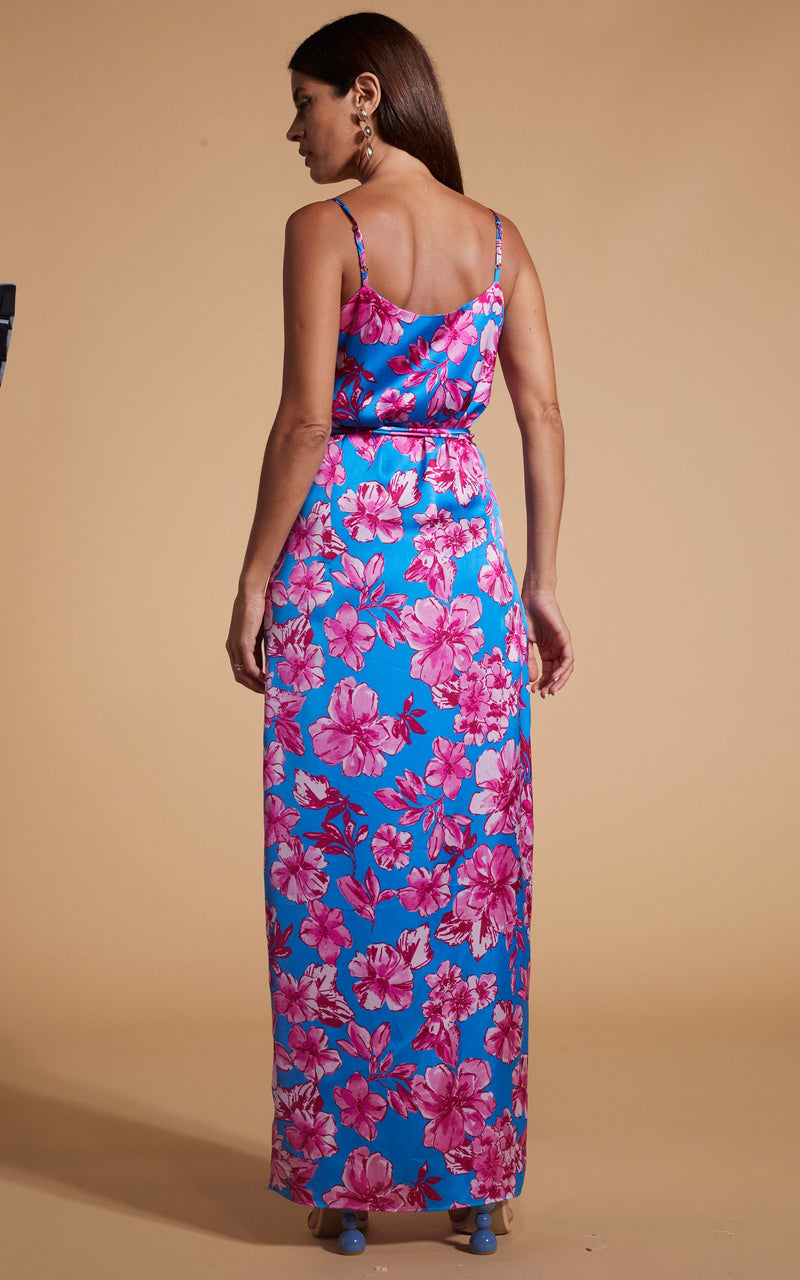 Dancing Leopard model wearing Mariah Wrap Dress In Pink & Blue Floral facing away to reveal back details