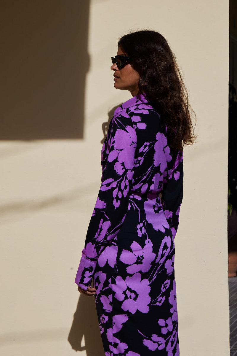 Frankie Wrap Dress In Lilac On Black Floral