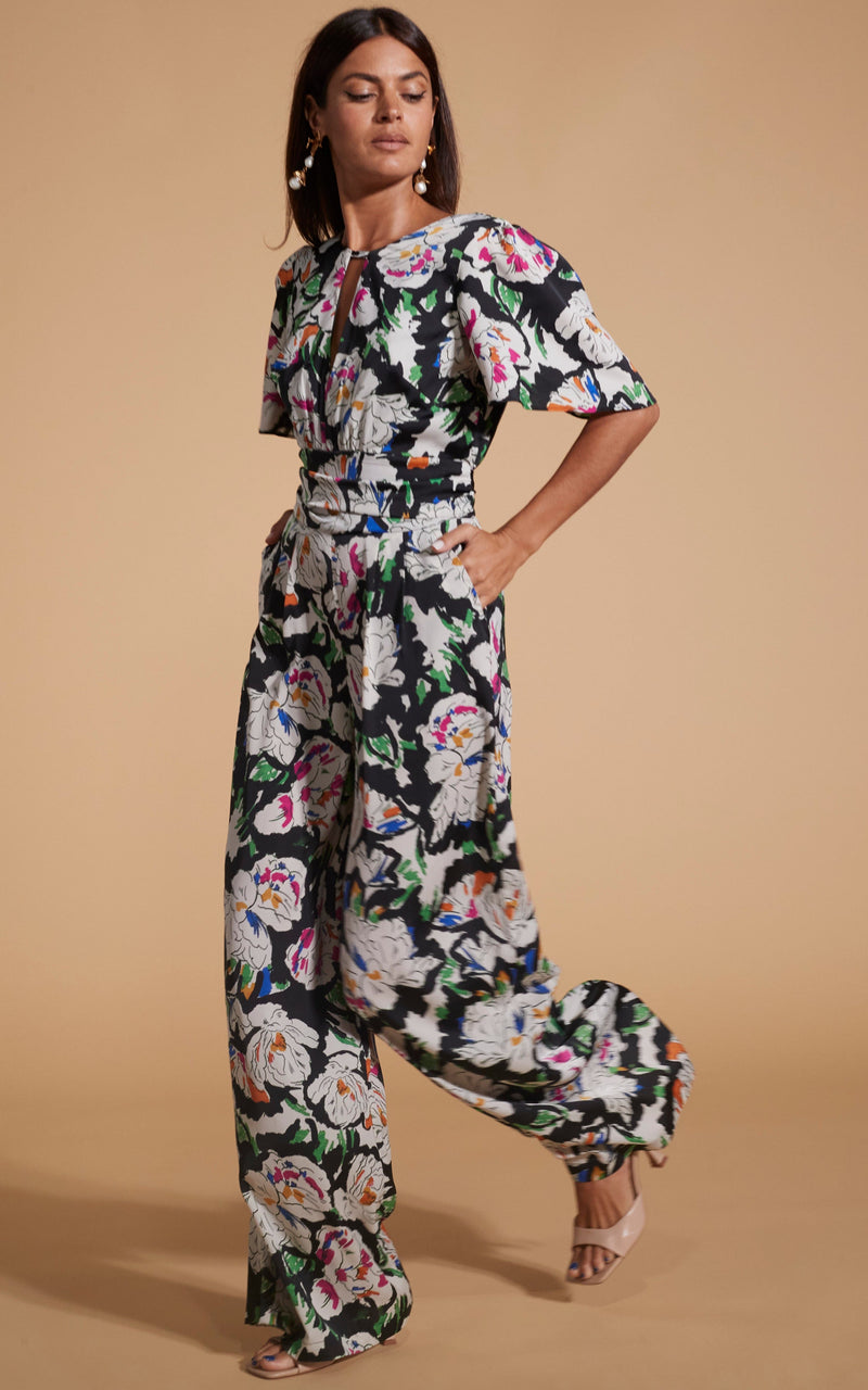 Black Ditsy Floral Wide Leg Jumpsuit | Roman UK