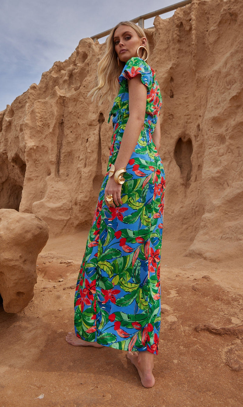 Lily Dress in Tropic on Blue Watermelon Dancing Leopard