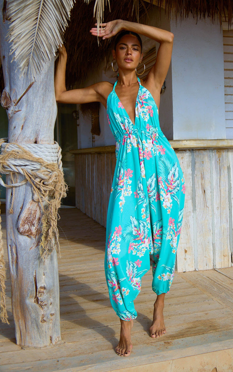 Genie Jumpsuit In Green Tropical