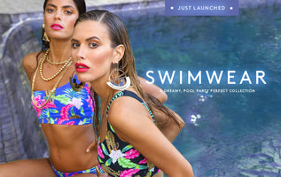 Dancing Leopard models wearing swimwear in pool with swimwear text overlay