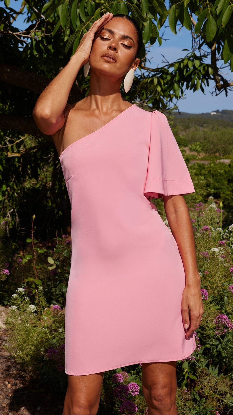 Joy One Shoulder Mini Dress in Blush Pink