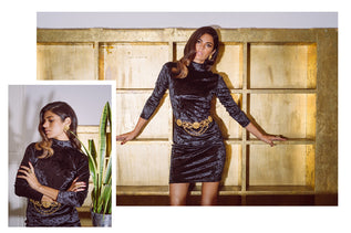 collage of Dancing Leopard model wearing black samara dress from AW16 range