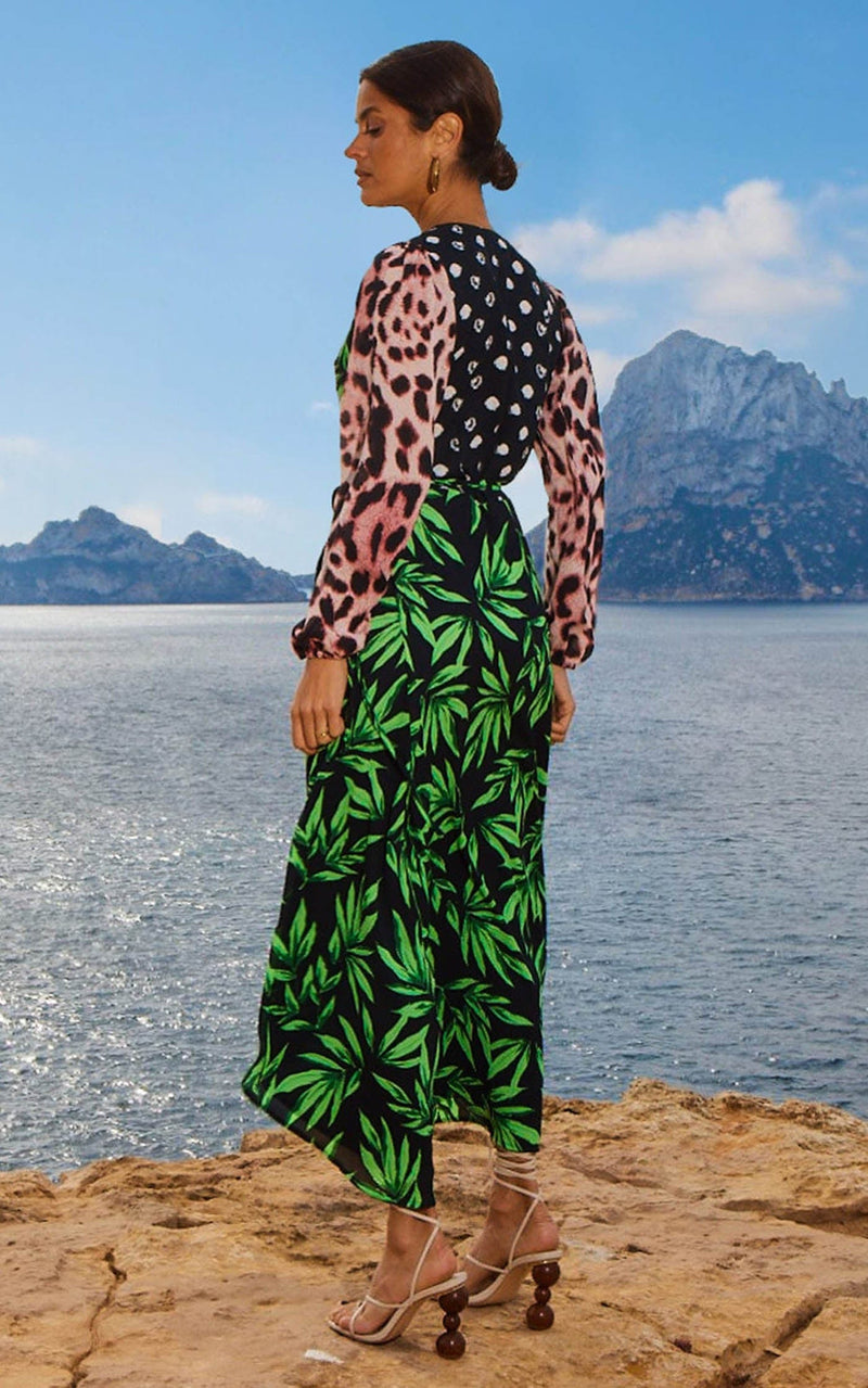 Jagger Maxi Wrap Dress in Tropic Green on Black Mix
