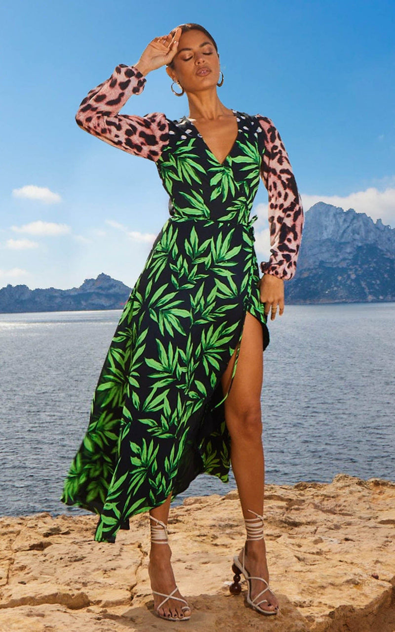 Jagger Maxi Wrap Dress in Tropic Green on Black Mix