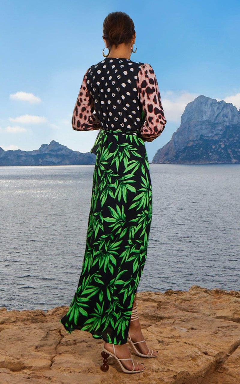 Jagger Maxi Wrap Dress in Tropic Green on Black Mix