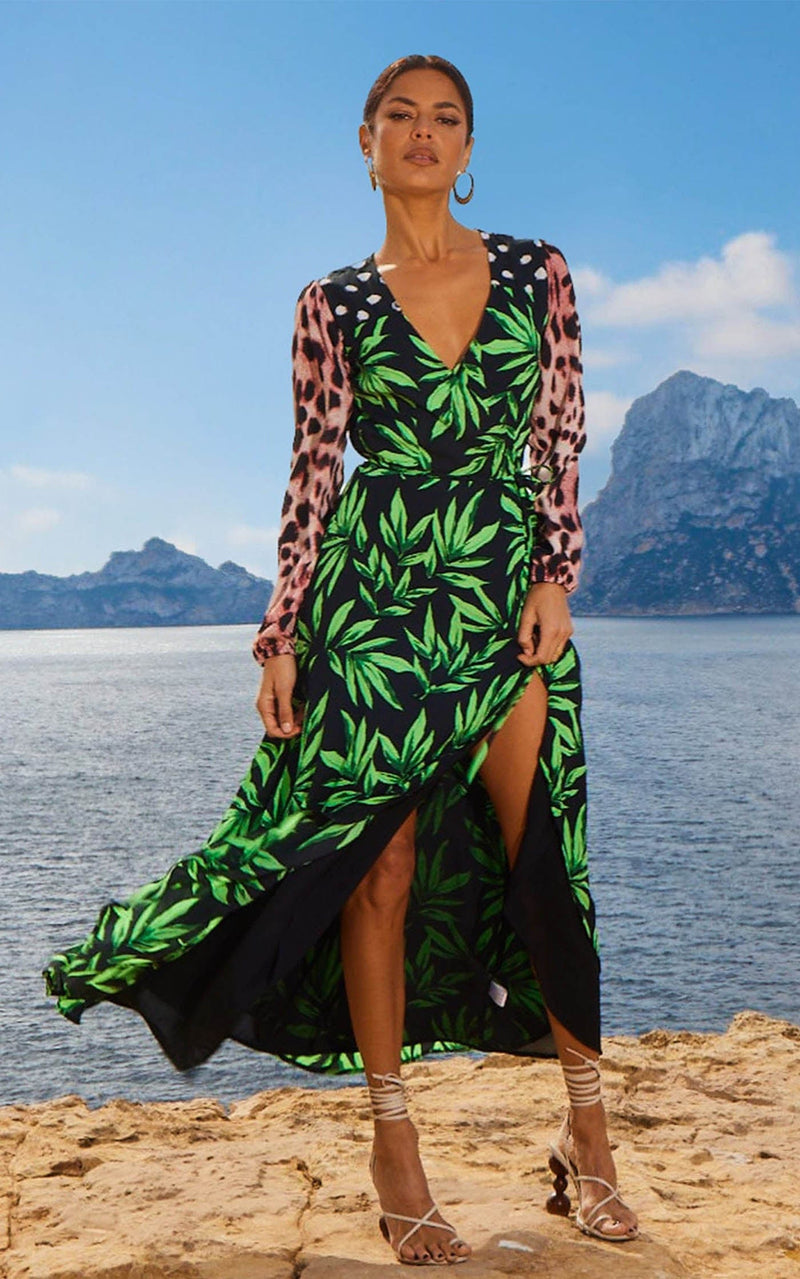 Jagger Maxi Wrap Dress in Tropic Green on Black Mix