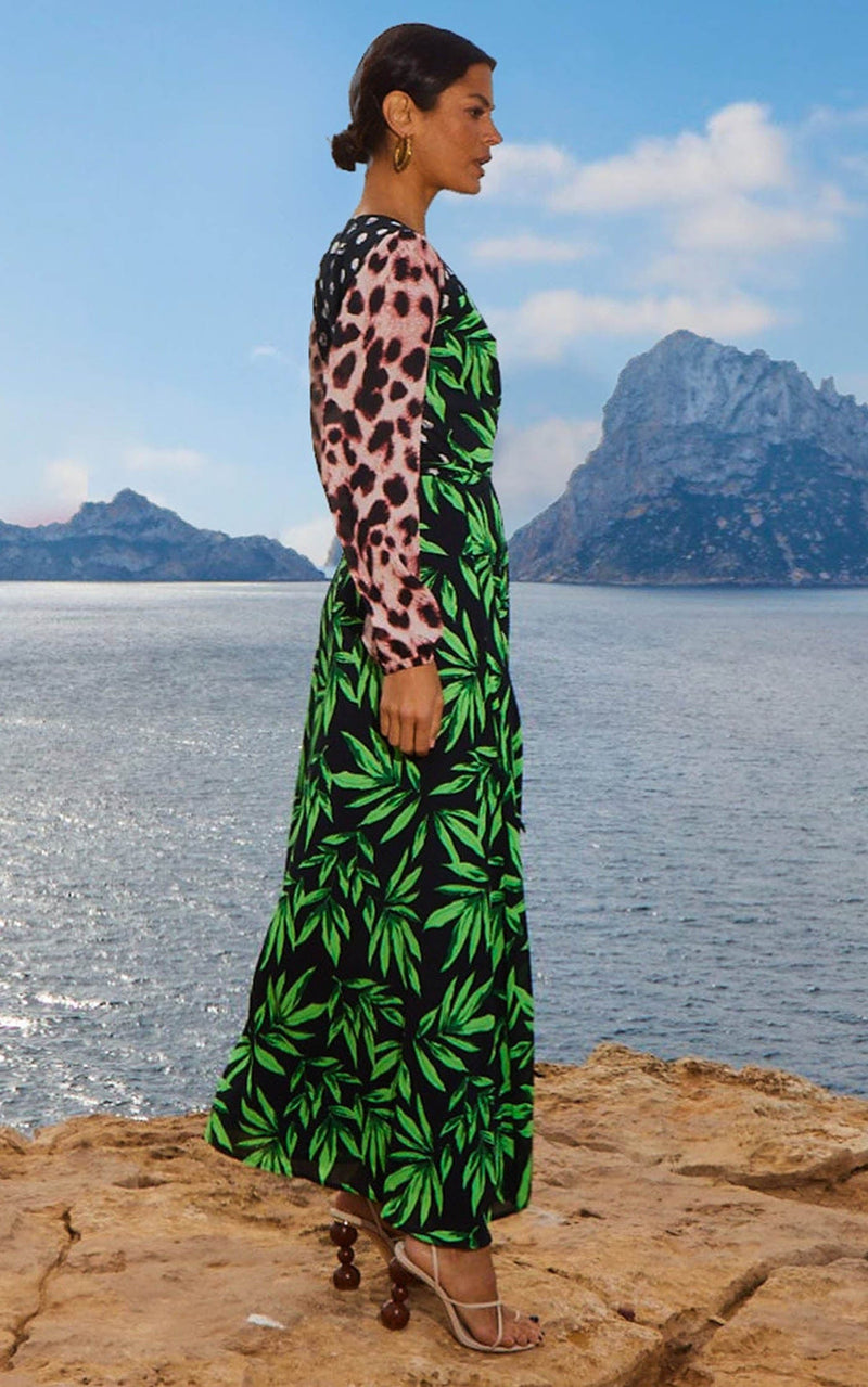 Jagger Maxi Wrap Dress in Tropic Green on Black Mix