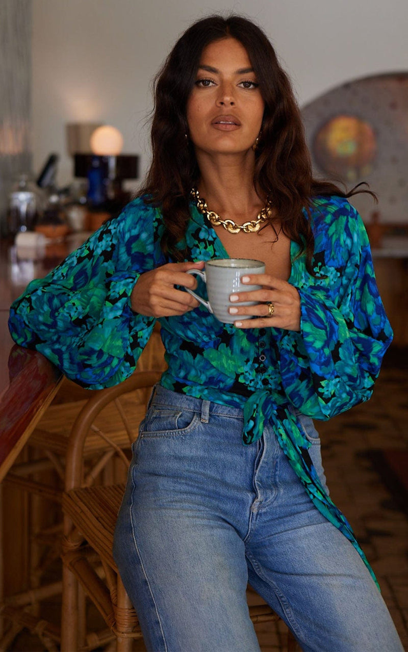 Joanie Tie Top In Blue & Green Floral