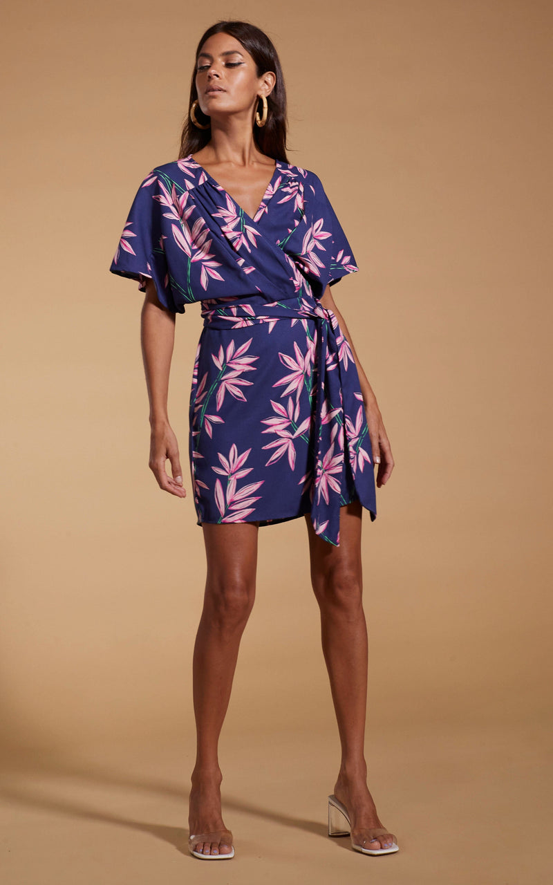 Dancing Leopard model wearing Kansas Mini Wrap Dress in Bamboo Navy Base