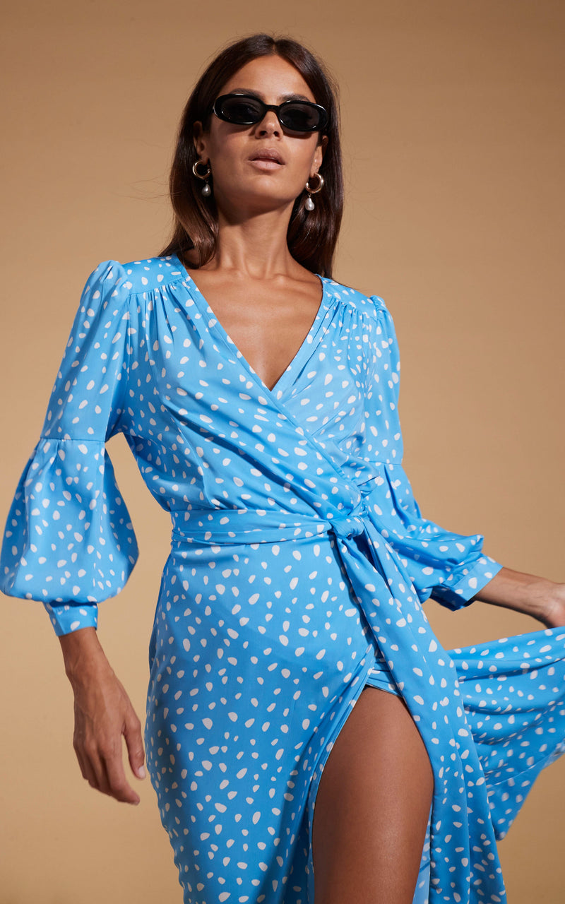 Havannah Maxi Wrap Dress in Abstract White on Blue Dancing Leopard