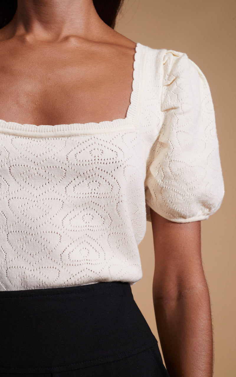 close up of the Daphne Pointelle Top in Cream