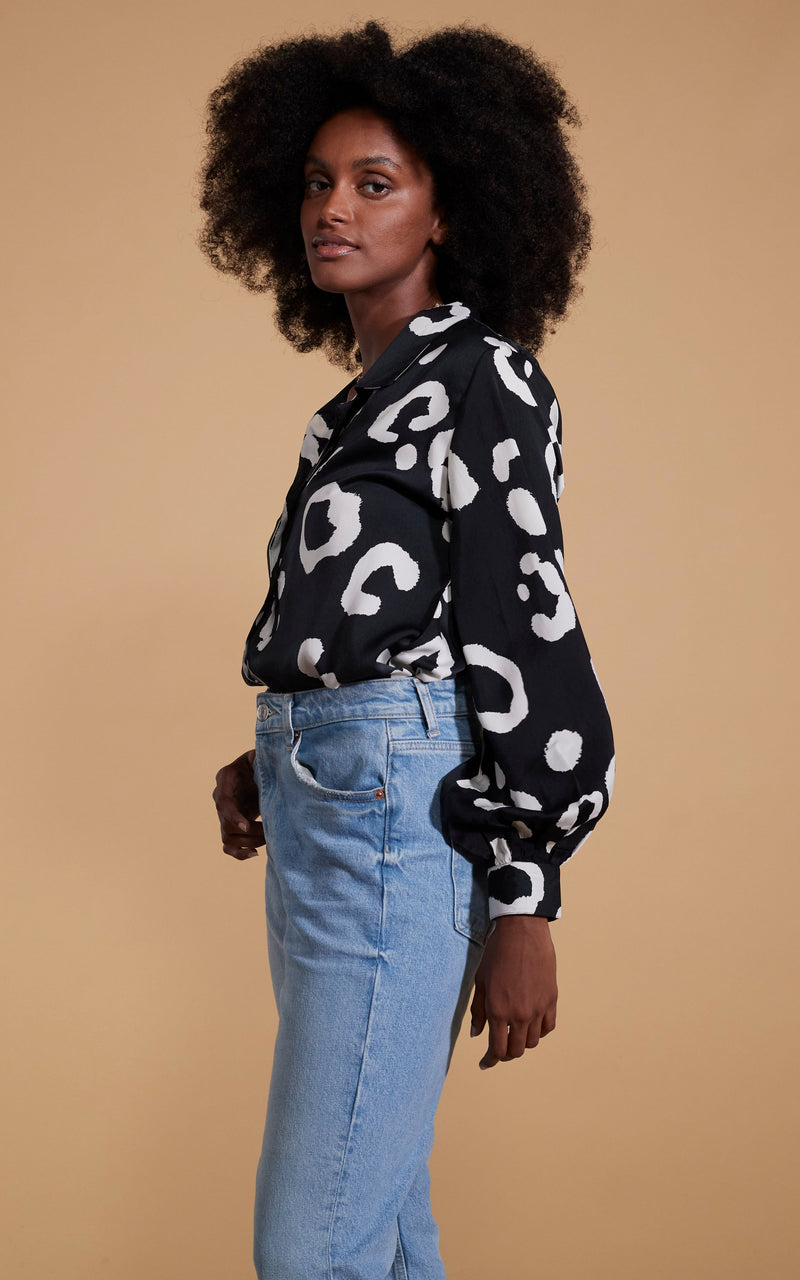 Dancing Leopard model wearing Dixie Balloon Sleeve Shirt In Oversized Mono Leopard stood side on