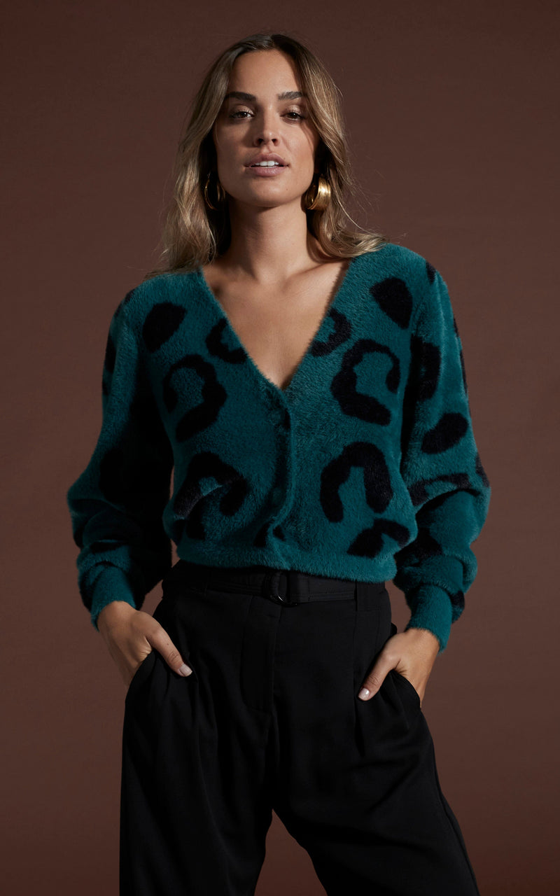 Bambino Cardigan In Black On Forest Green Leopard Dancing Leopard