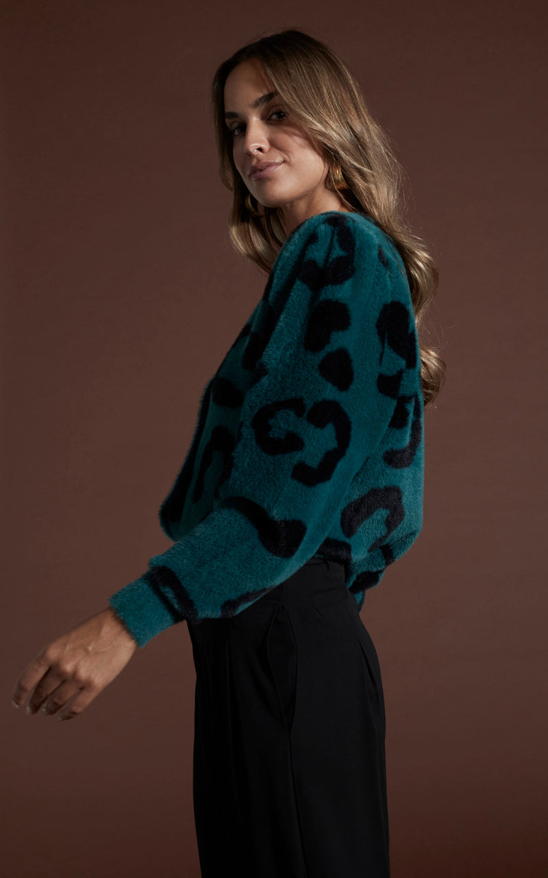 Dancing leopard model standing sideways wearing bambino cardigan in black on forest green leopard looking at the camera with black trousers