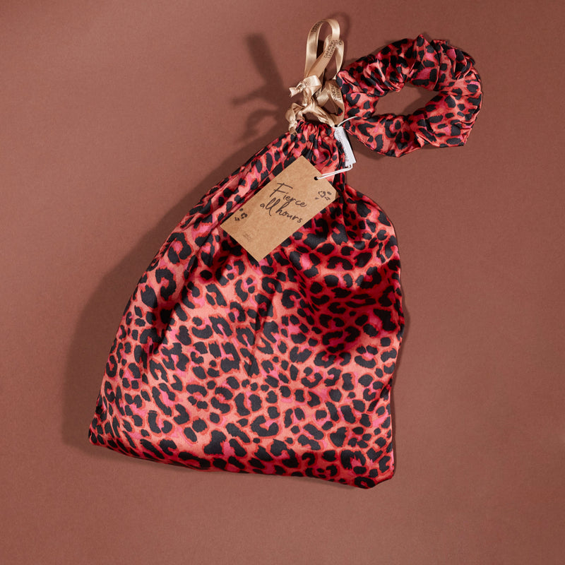 drawstring bag in ruby red leopard print