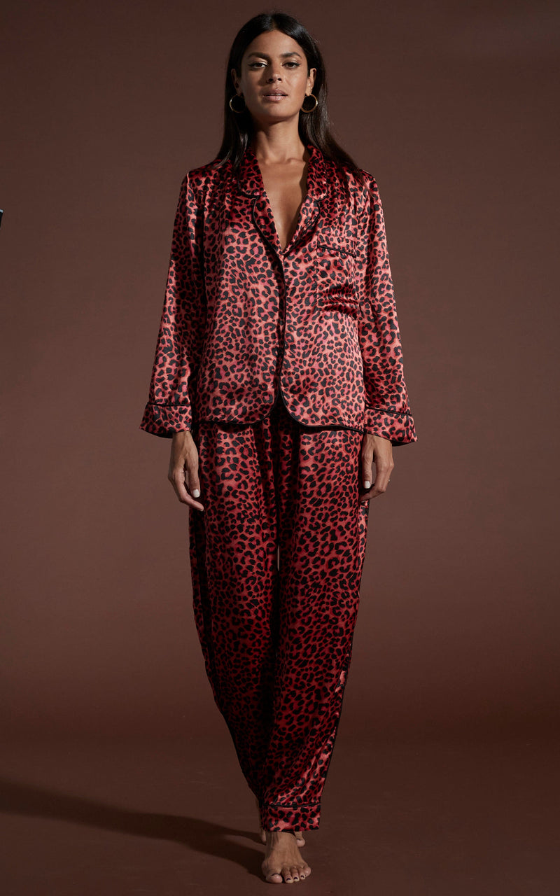 Cosmos Satin Long Leg PJ Set in Ruby Red Leopard Dancing Leopard