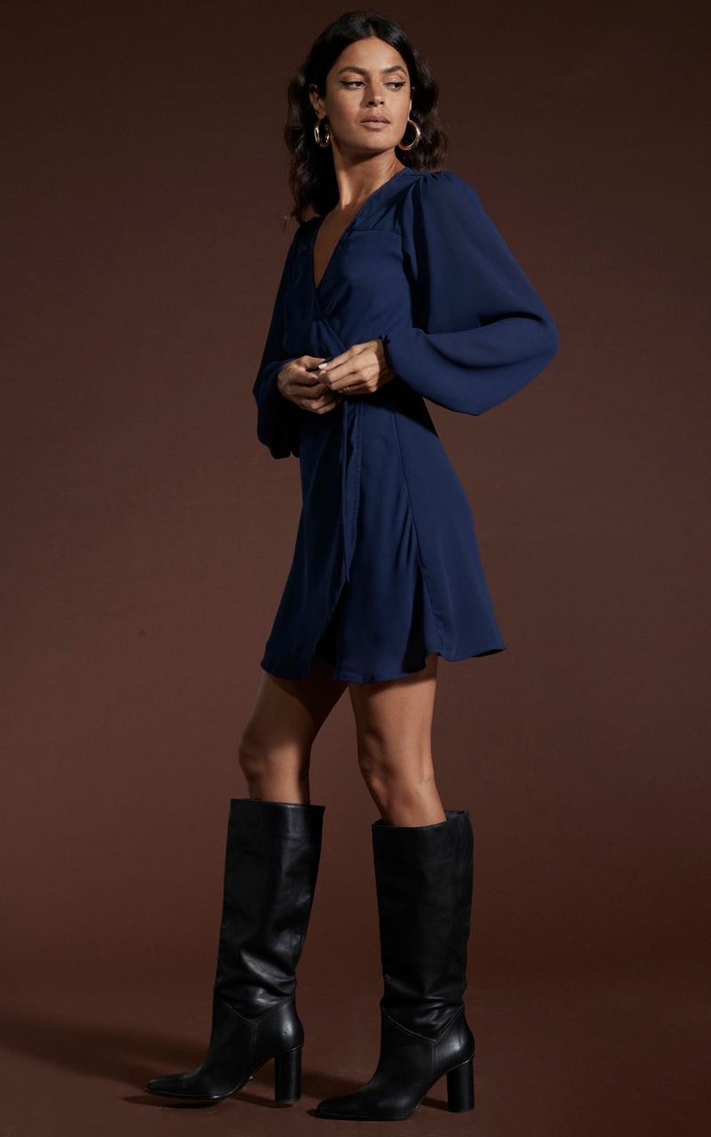 Ginger Mini Wrap Dress In Navy Dancing Leopard