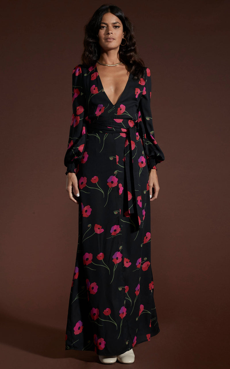 Mariela Maxi Dress In Poppies On Black Dancing Leopard