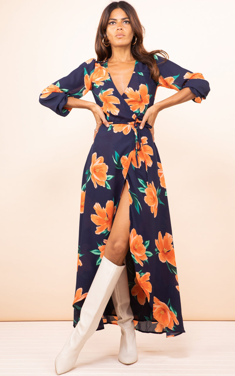 Jagger Maxi Dress In Orange on Navy Blue Tulip Dancing Leopard
