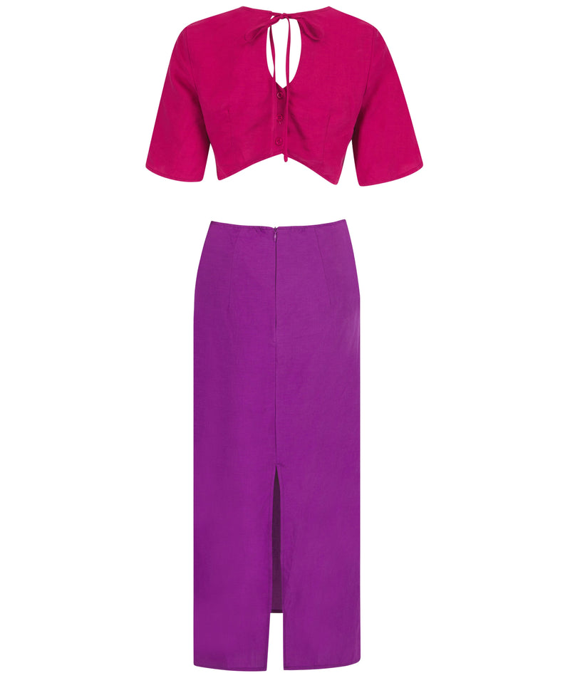cut out of Arabella Linen Dress In Raspberry & Purple Mix from back